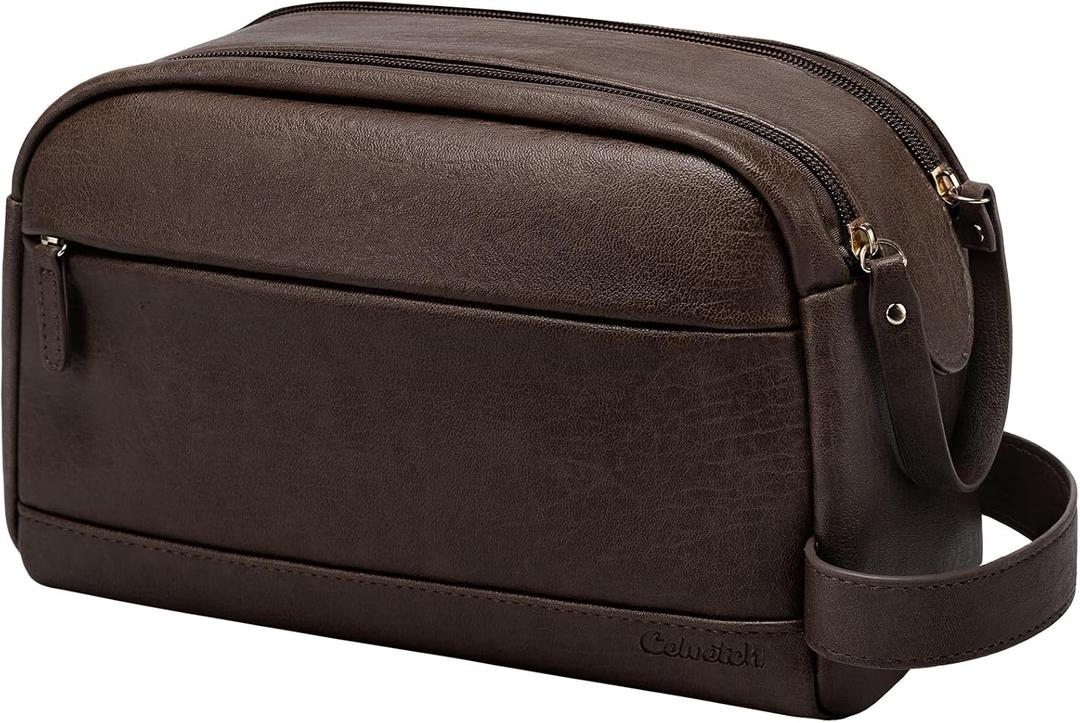 PU Leather Toiletry Bag for Men - Water Resistant Travel Bag for Toiletries, Bathroom Essentials, Accessories (Dark Brown)