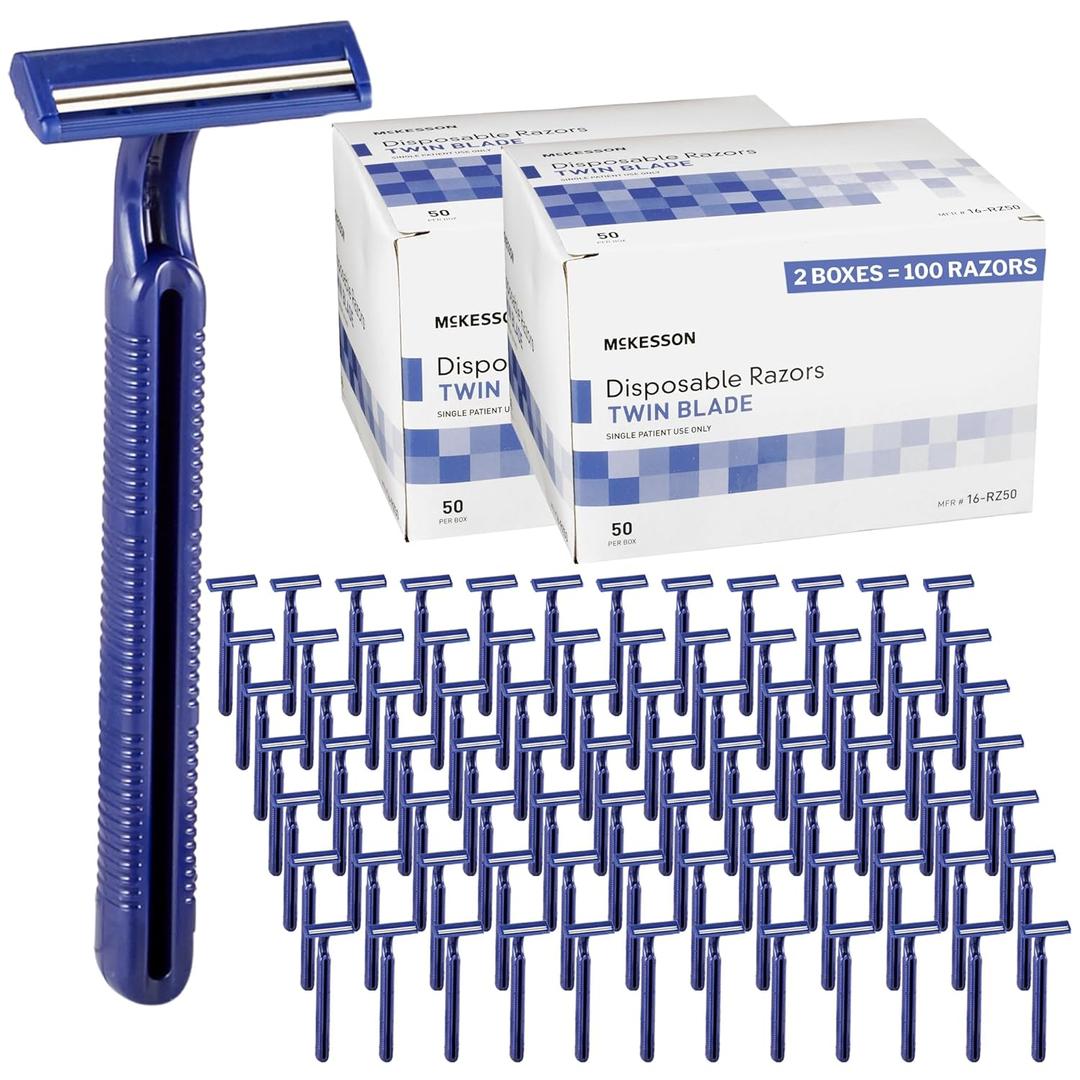 McKesson Disposable Razors [100 Count]  Twin Blade Bulk Shaving Razors for Men & Women, Stainless Steel, Blue, Single-Use for Medical Clinics, Tattoo, Travel, Camping & Salon Care