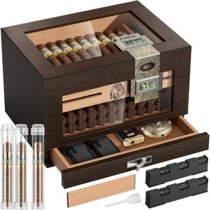 TISFA Cigar Humidor Cedar Wood Cigar Box with 2 Digital Hygrometer, 2 Humidifiers, Cedar Tray, Divider, Accessory Drawer, Glass Top Large Desktop Humidors and Acrylic Travel Cigar Tube Gifts Set (Brown)