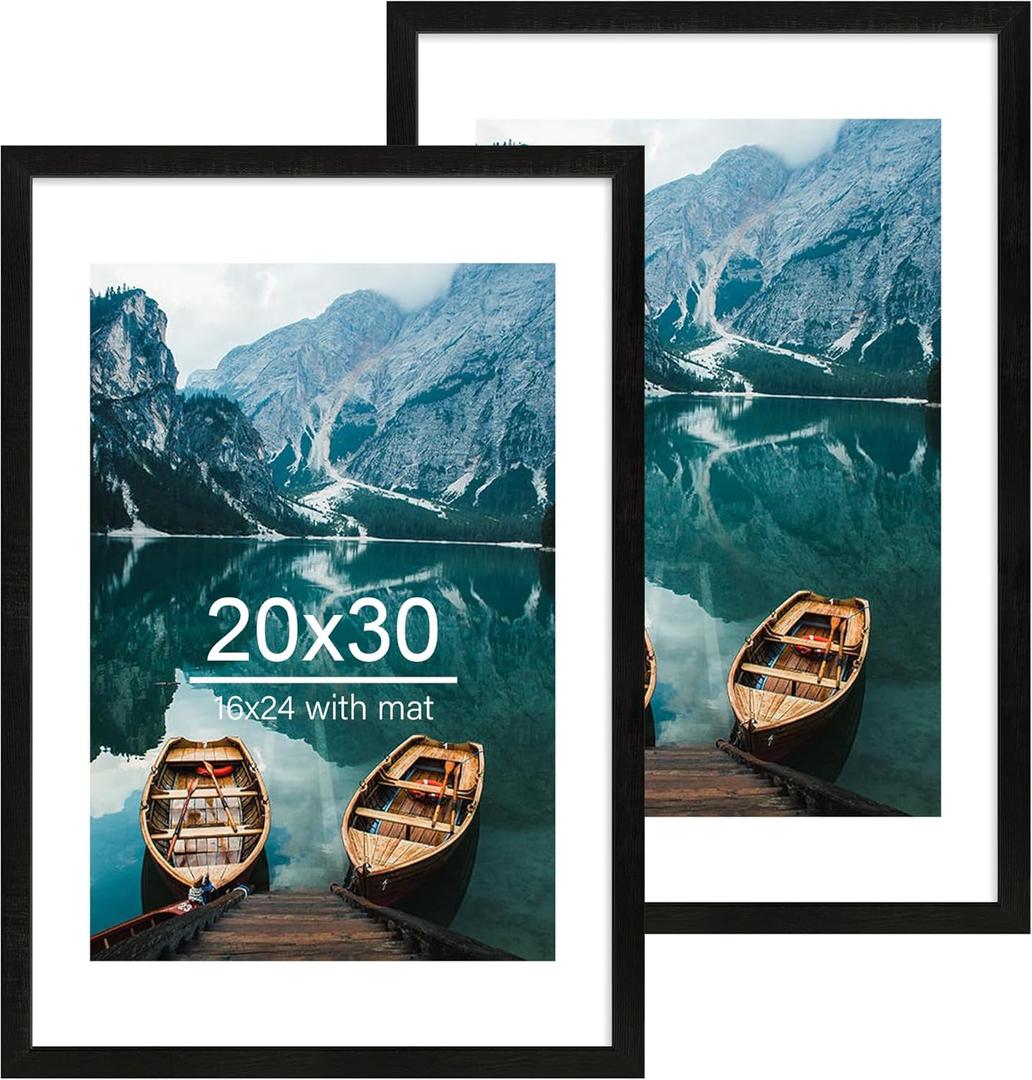 Hongkee 20x30 Frame Set of 2, Rustic Black Wood Style - Display 16x24 Picture with Mat or 20 x 30 Poster without Mat, Wall Mounting Horizontal and Vertical