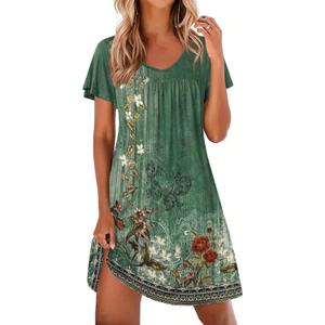 Ekouaer Nightgowns for Women Short Sleeve Sleep Shirts Pleated Night Dress V Neck Night Shirts Soft House Dress (Green, XXL)
