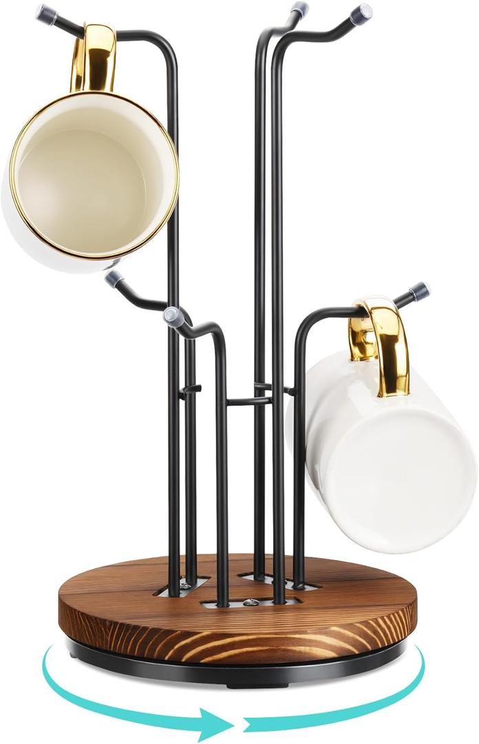 HULISEN 360 Rotating Mug Tree for Large Cups, Counter Coffee Mug Holder with 6 Hooks, Metal Coffee Cup Rack Stand for Countertop with Stable Wooden Base, Kitchen Counter Decor