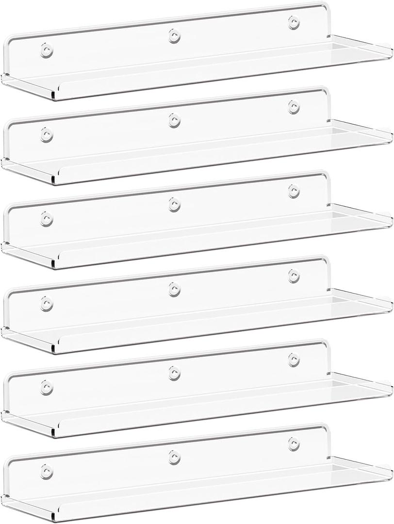 Lifewit Floating Shelves for Wall, 6 Pack 15" Clear Acrylic Shelf Room Decor for Book/Figures/Photo/Makeup in Bathroom, Book Shelf, Living Room, Bedroom, Kitchen Storage and Organization