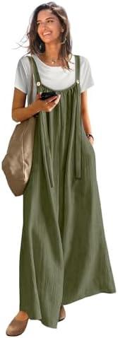 YESNO Casual Wide Leg Jumpsuits for Women Boho Floral Pleated Overalls Rompers Summer Outfits with Pockets 2XL P0D Solid Army Green
