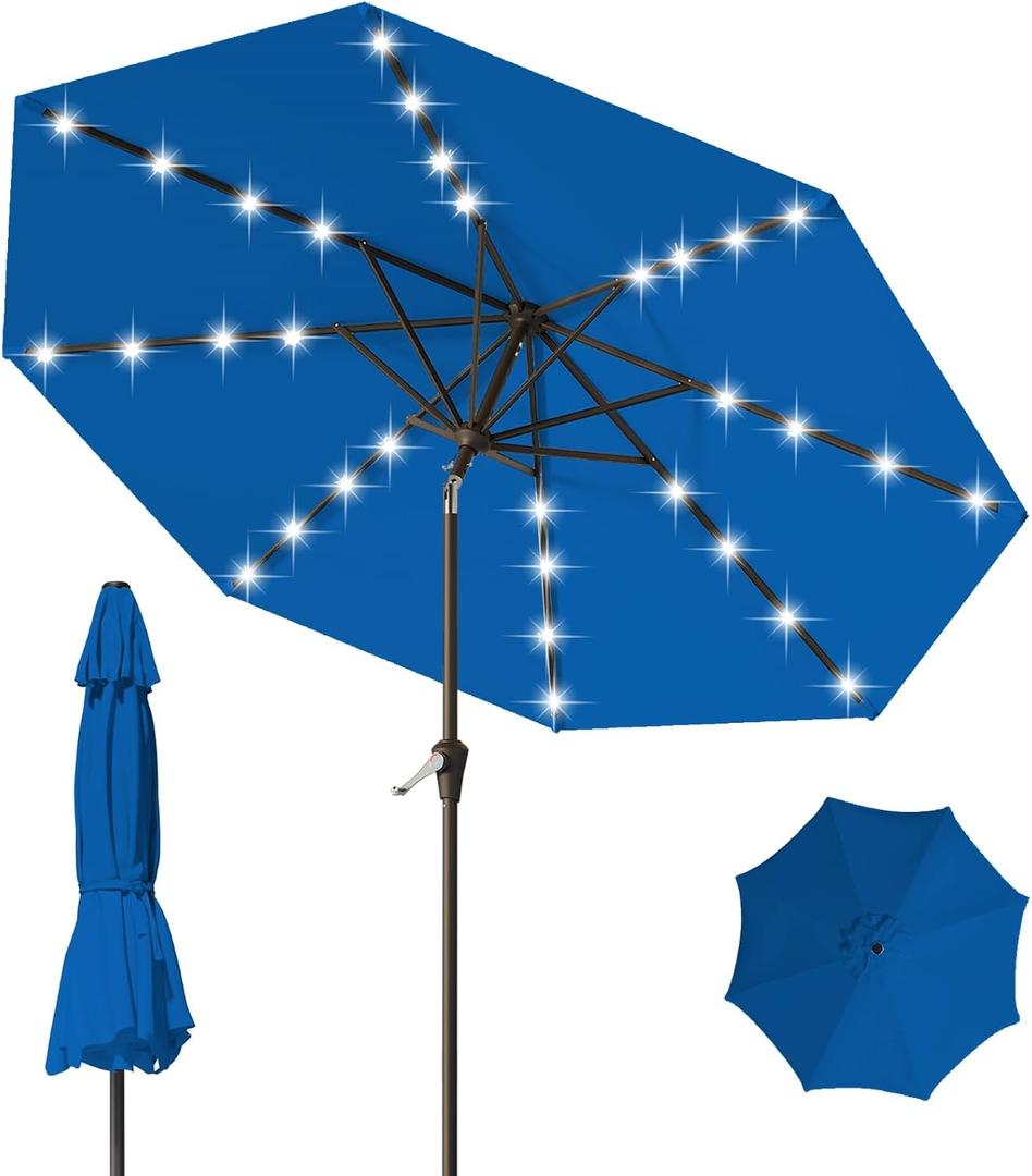 9FT Patio Umbrella with Solar Lights,Outdoor Market Umbrella with Tilt and Crank, LED Lighted Table Umbrella for Garden,Deck,Backyard,Pool,Beach (Royal blue)