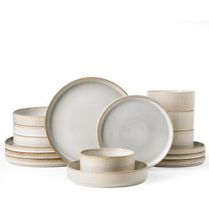 Famiware Star Dinnerware Set with Pasta Bowls, Service for 4 (16pcs), Ribbed Stoneware Plates and Bowls Dishes Sets - Chip & Scratch Resistant, Microwave & Dishwasher Safe, Cappuccino White