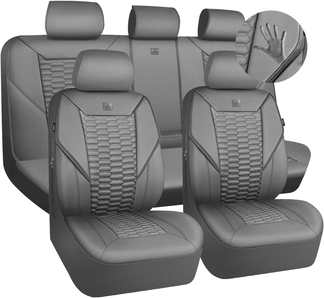 CAR PASS 3D Foam Faux Leather Car Seat Covers Full Set, Grey Breathable PU Leather Seat Covers for Cars, Luxury Universal Fit for SUVs Vans Sedan Truck Automotive, Armrest Airbag Compatible, All Gray