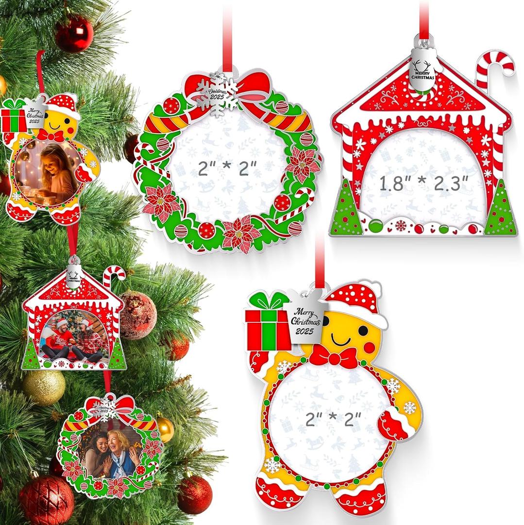 MGparty 3 Pack Christmas Picture Frame Ornaments Xmas Metal Hanging Photo Frame with Pendants 2025 Holiday Keepsake Gifts Christmas Tree Decorations