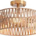 3-Light Antique Gold Woven Flush Mount Light Fixture Rustic Coastal Hemp Rope Brass Semi Flush Mount Ceiling Light for Hallway Bedroom Kitchen Entryway Farmhouse Living Room