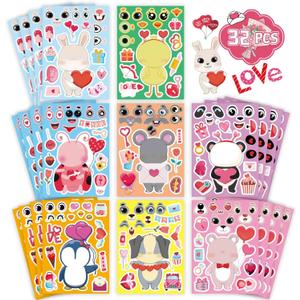 32 Sheets Valentine Stickers for Kids, Valentines Crafts Heart Love Sticker Make a Face Stickers, Make Your Own Animal Stickers Valentines Gifts for Kids Classroom Valentine Goodie Bags Party Favors
