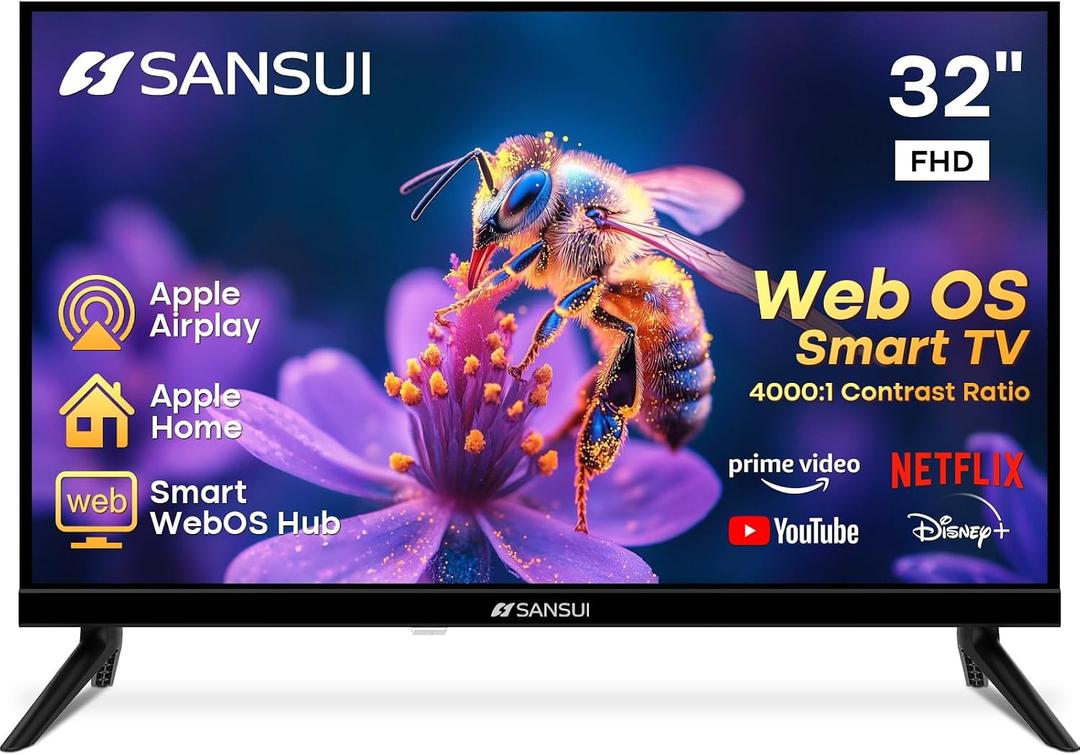 SANSUI 32 inch FHD Smart WebOS TV | Frameless Screen with chromecast Built in | 4000:1 Contrast Ratio|WebOS Hub with 28W Speakers & Apple HomeKit & Live TV| Support Airplay & WiFi & Bluetooth 5.2