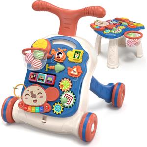 QDRAGON 3 in 1 Baby Walker and Activity Center for Boy, Learning to Walk, Sit to Stand, Early Educational Push Toys with Music Panel for Infant Toddler 12-18 Months Blue