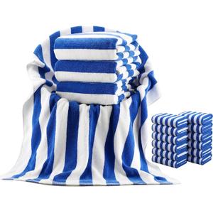 Breling 12 Pack 100% Cotton Cabana Stripe Beach Towels 30" x 60" Oversized Blue and White Thick Pool Towels Bulk Soft Plush Absorbent Quick Dry for Adults Beach Pool Swim Bath Spa Travel