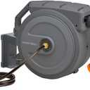Giraffe Tools Retractable Hose Reel 1/2 in x130 FT PRO Metal Bracket Wall Mounted Heavy Duty Hose Reel with 9 Pattern Nozzle 180 Deg Swivel, Metal Bracket Any Length Lock (1/2 130FT PRO, Dark Grey)