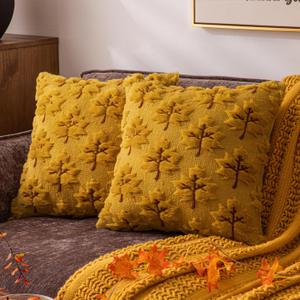 Decorative Farmhouse Fall Throw Pillow Covers 18x18 Set of 2, Mustard Maple Leaf Plush Embroidered Pillow Cases for Couch, Soft Fluffy Faux Fur Cushion Covers for Harvest Autumn Home Dcor (Mustard Yellow Stem)