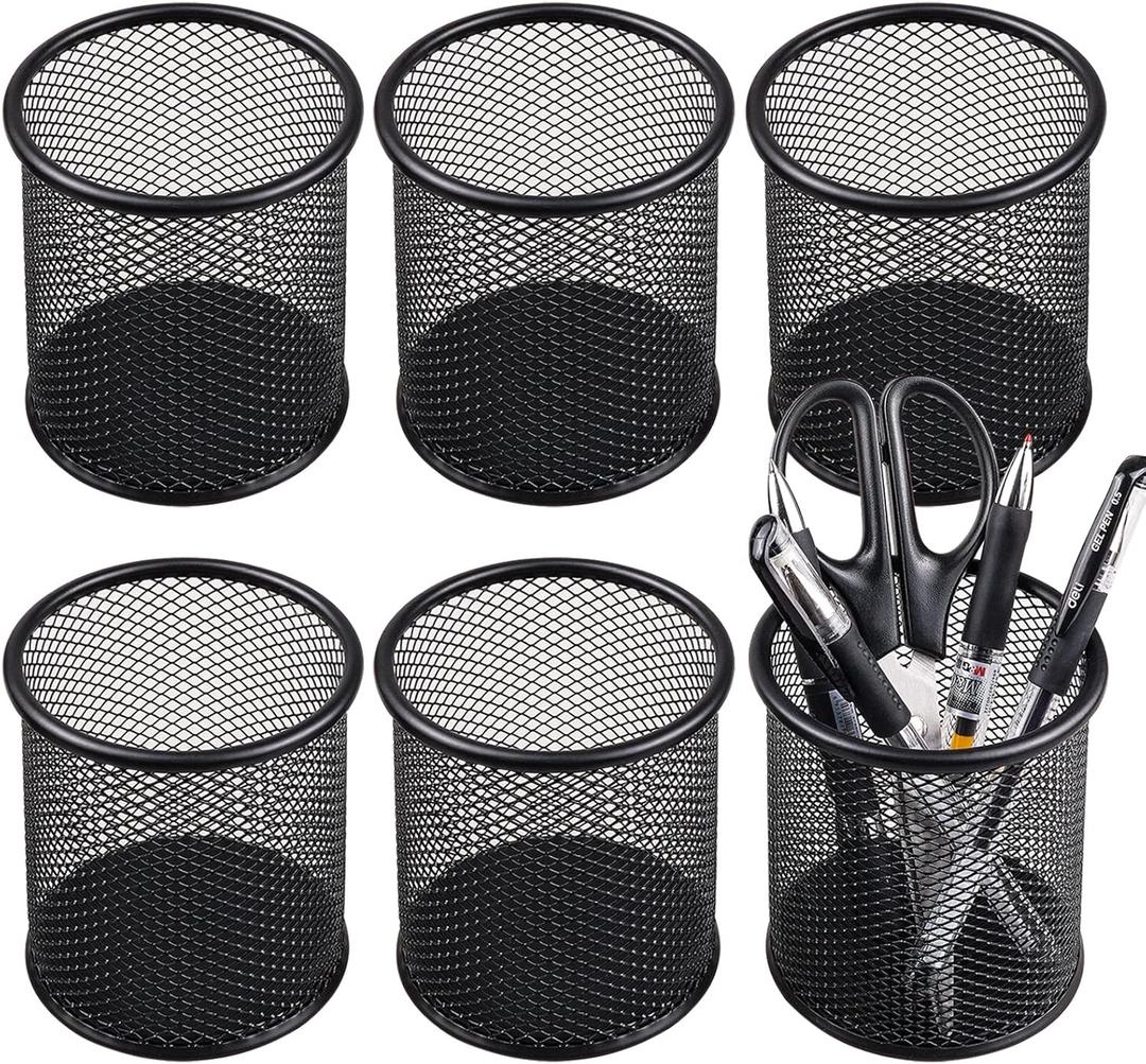 QYH Mesh Pen Cup Metal Pencil Holder for Desk 6 Packs Black Pen Organizer Office 3.54x3.93 Inch