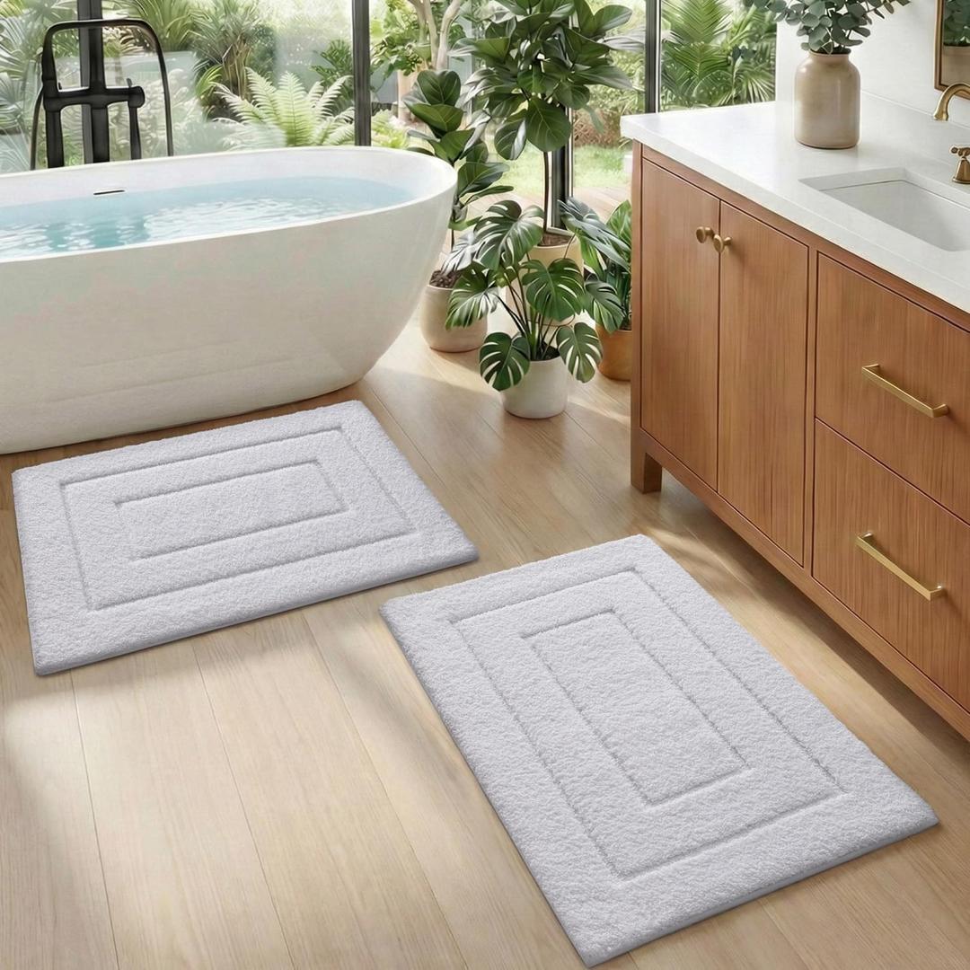 DEXI Bathroom Rug Set 2 Piece 24x16, Non Slip Washable Bath Mat for Shower Floor, Absorbent Soft Bathmat with Rubber Backing, Quick Dry Microfiber Carpet, White