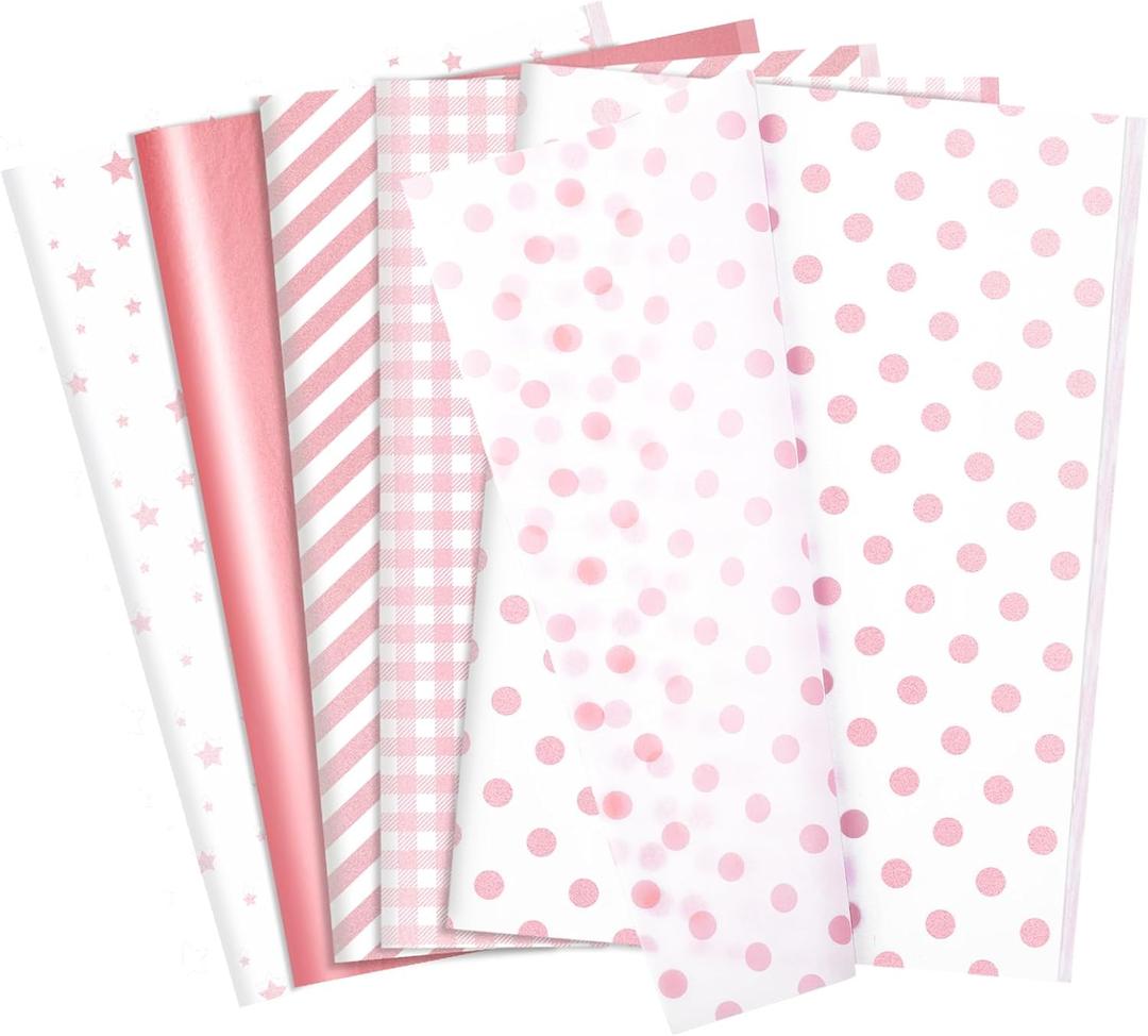woric 120 Sheets Pink Tissue Paper Bulk for Gift Bags Metallic Pink Dots Stars Stripes Gift Tissue Paper for Mother's Day DIY Crafts Girl's Birthday Wedding Baby Shower Decoration, 14 x 20 Inch
