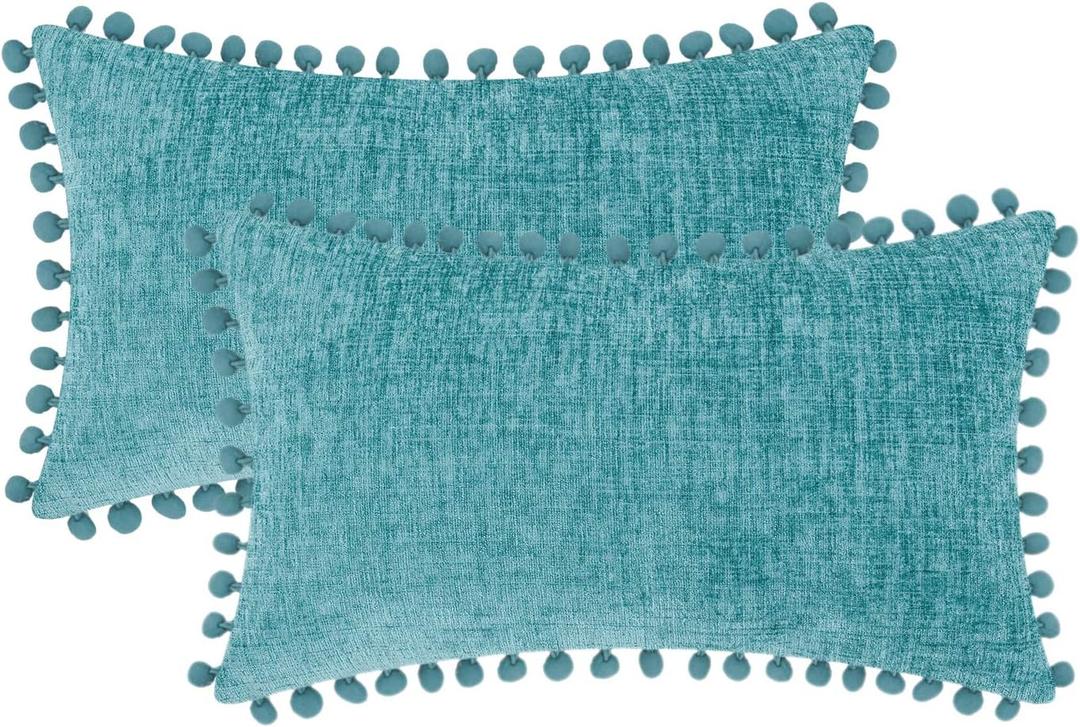 CaliTime Throw Pillow Covers Decorative 20 X 12 Inches Pack of 2 Cozy Solid Dyed Soft Chenille Cushion Cases with Pom Poms for Couch Sofa Bed Living Room Home Teal CaliTime Throw Pillow Covers Decorative 20 X 12 Inches Pack of 2 Cozy Solid Dyed Soft Chenille Cushion Cases with Pom Poms for Couch Sofa Bed Living Room Home Teal