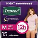 Depend Night Defense Adult Diapers, Incontinence & Postpartum Bladder Leak Underwear for Women, Disposable, Overnight, Medium, Blush, 15 Count