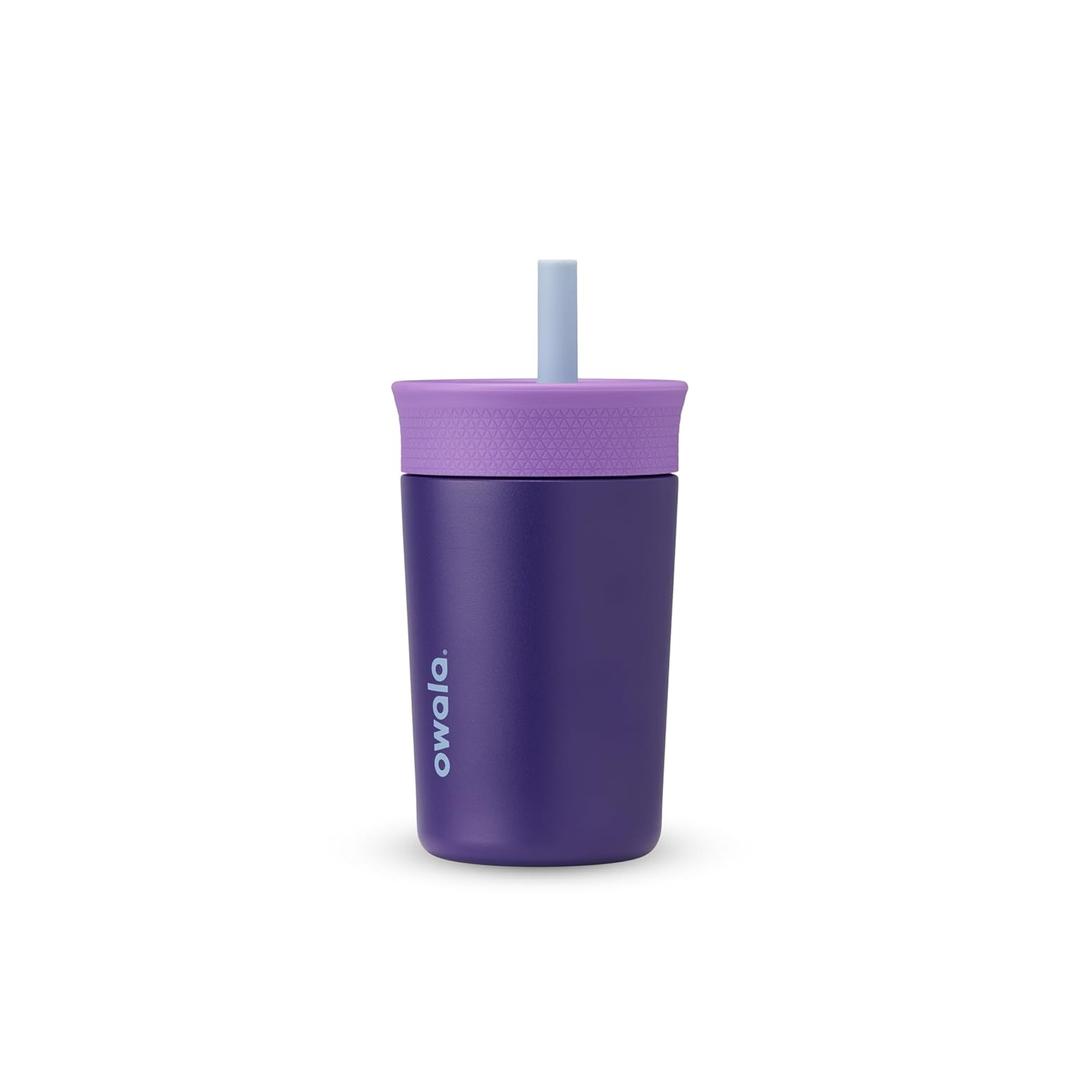 Owala Kids Insulation Stainless Steel Tumbler with Spill-Resistant Flexible Straw, Easy to Clean, Kids Water Bottle, Great for Travel, Dishwasher Safe, 12 Oz, Purple (Peacock Palace)