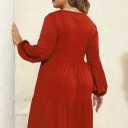 Celkuser Plus Size Casual Dresses for Curvy Womens Long Sleeve V Neck Babydoll Tiered Flowy Dress with Pocket (Red)