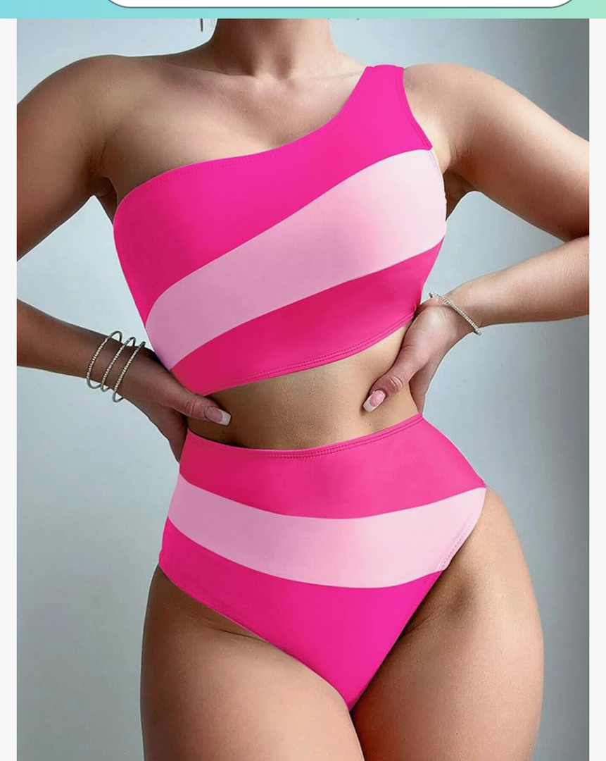 Women's Color Block One Piece Swimsuits Monokini One Shoulder Cutout High Cut Bathing Suits Beachwear Size S