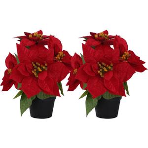 2 Pcs Small Fake Poinsettias Artificial Plants 11.8",4 Red Velvet Heads Faux Christmas Flowers in Pot for Home Office Table Indoor Christmas Winter Decorations