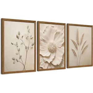 JLTULT 3 Piece Framed Neutral Beige Floral Canvas Wall Art, Modern Simple Texture Blossom Wall Decor, Vintage Botanical Flower Art Prints for Living Room Bedroom Farmhouse 16x24 inch Ready to Hang