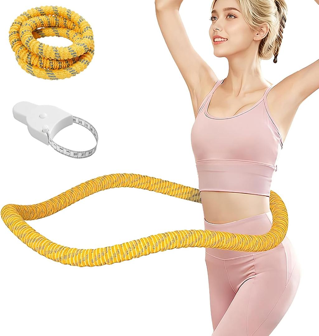3.4 LBS Soft Spring Weighted Hoop for Adults, Quiet & Pinch-Proof Design, Portable Fitness Infinity Hoop with Body Tape Measure, Exercise Hoop for Core Workout (Yellow)
