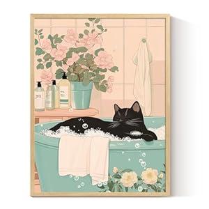 InSimSea Framed Canvas Wall Art Prints, Bathroom Wall Decor, Japanese Black Cat in a Bathtub Paintings Wall Art, Relaxation Poster Classic Retro Aesthetic Restroom Small Shelf Decor, 12x16inch