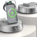 Alarm Clock Charging Station for Bedrooms, Wireless Charging Station with Dimmable Night Light Bluetooth Speaker, Wireless Charger for iPhone 17 16 15 14 13 12 Pro Max, iWatch 11 (Grey)