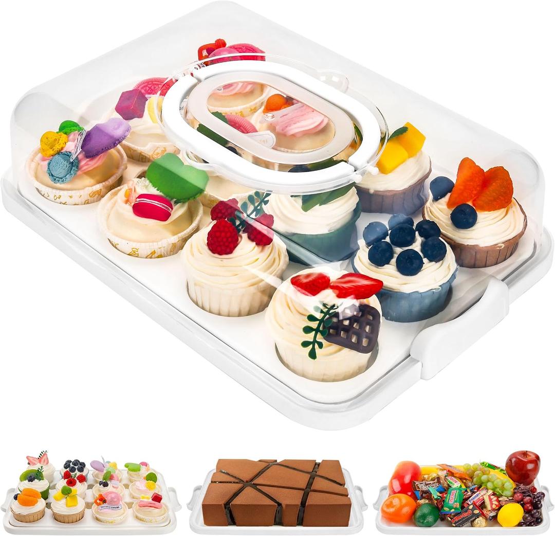 NPLUX Cupcake Containers with Lid Rectangular Cake Carrier 3-in-1 Multipurpose Cupcake Holder for Muffins Pies Sweets Pastries Fruit or Snacks (White, 13" x 9" x 4"), Medium