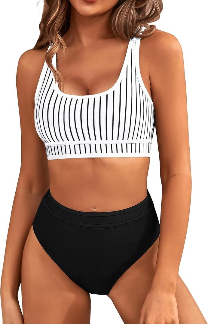 BMJL Women's High Waisted Bikini Sets Sporty Two Piece Swimsuits Color Block Cheeky High Cut Bathing Suits (M)