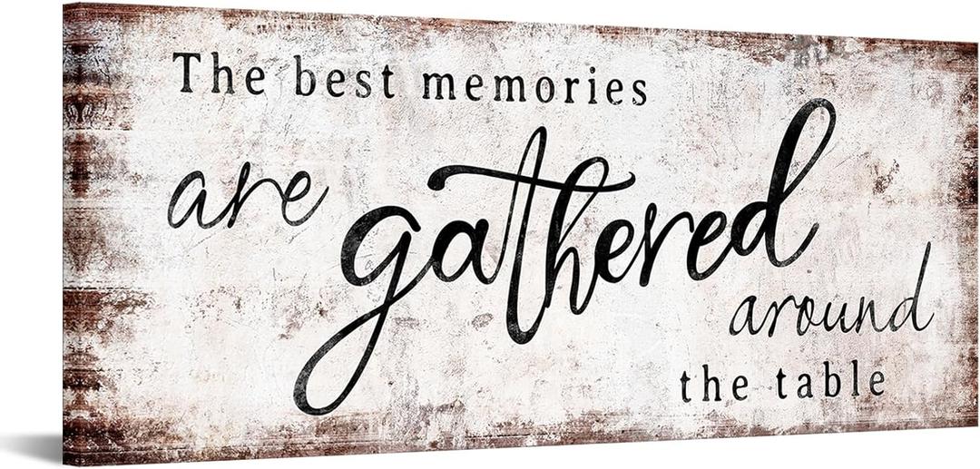 KREATIVE ARTS Gathered Around Table Quote Canvas Print 20x48 Inch Rustic Farmhouse Dining Room Wall Art Horizontal Kitchen Sign Family Food Blessing Decor Stretched Ready to Hang