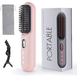 LAMA Cordless Hair Straightener Brush - Portable Hair Brush - 20s Fast Heating - 130 Million Plasma for Frizz-Free Shine, 9000mAh Mini Hair Straightener Comb for Women Travel, LED Display Hot Comb,PK (Light Pink)