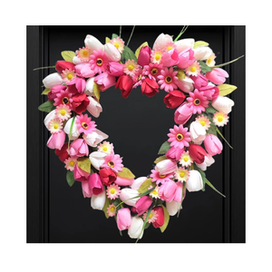 Bibelot Valentine's Day Heart Shaped Tulip Wreath, 20 Inch Pink White Tulip Floral Wreath for Front Door, Artificial Flower Heart Wreaths for Wedding Anniversary Festival Decorations