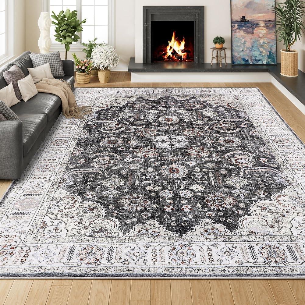 Washable Rug 8x10 Feet, Non Slip Backing Area Rugs for Living Room, Boho Vintage Design Area Rug, Bedroom Rug, Home Decor, Farmhouse, Dining Room, Home Office, Grey and Black (A12-black)