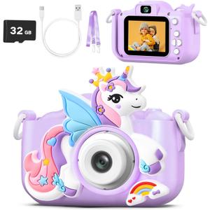 Purple Unicorn Kids Camera Toys for Girls Age 3-8, LETONGJH HD 1080P Toddler Digital Video Camera with 32GB SD Card & Selfie Mode, Shockproof Christmas Birthday Gifts for 4 5 6 7 Year Old