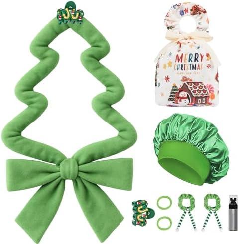Gwabee 10 PCS Christmas Heatless Curls Overnight Hair Curler, 70" Overnight Curls Hair Curlers to Sleep In with Bonnet for Women Long Hair Volume, Heatless Curling DIY Set - Green