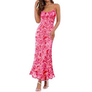 ZESICA Womens Summer Floral Spaghetti Straps Maxi Dress 2025 Sleeveless Square Neck Bodycon Beach Boho Long Dresses,Rose,Medium