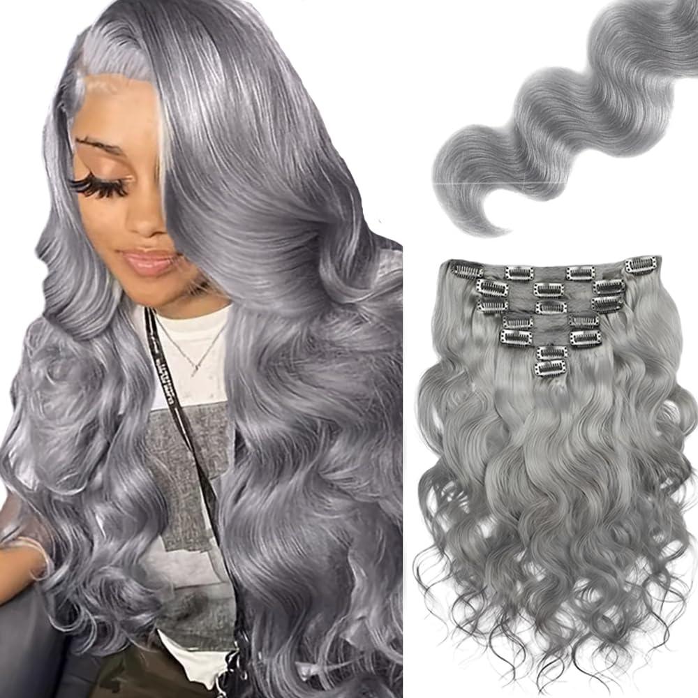 Grey Clip in Hair Extensions Human Hair, Pure Gray Body Wave Remy Hair Extensions Clip ins for Women, 12 Inch 120g 7Pcs, Silver Human Hair Extension