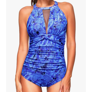 Tempt Me Women One Piece Swimsuit High Neck Plunge Ruched Tummy Control Bathing Suit, XL
