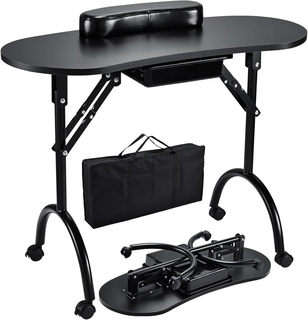 Joligrace Professional Foldable & Portable Manicure Table Nail Technician Desk Workstation with Rolling Wheels Large Drawer Client Wrist Pad Free Carrying Bag Travel Nail Tech Spa Beauty Table, Black