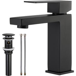 KES Black Bathroom Faucet & Bathroom Sink Drain with Overflow, cUPC Certified Vanity Single Hole Faucet with Pop Up Drain Stopper Rustproof Matte Black, L3156ALFF12-BK-C3