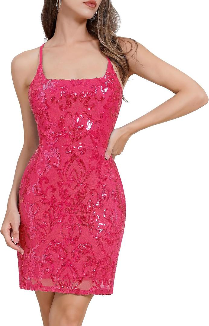 OBEEII Women's Sequins Bodycon Mini Dress Spaghetti Straps Floral Glitter Party Dress Night Club Teen Homecoming Dress (M)