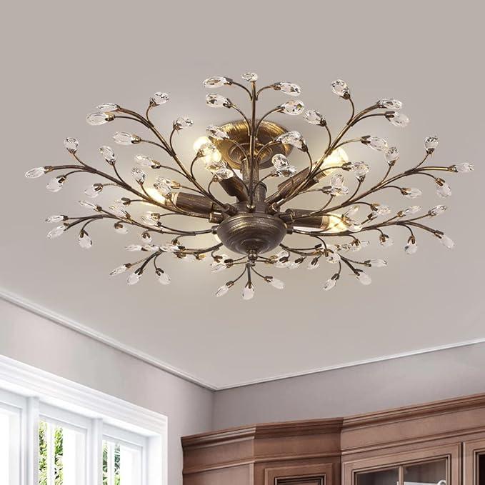 Sedelan 5-Light Branches Crystal Chandeliers, Vintage Crystal Ceiling Lights Flush Mount for Island Dining Room Living Room Bedroom Hallway Foyer