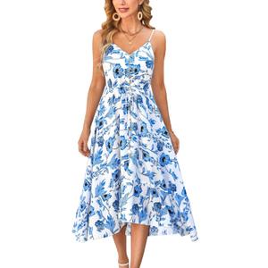 BROVAVE Women's 2025 Summer Casual Boho Sundress Polka Dot Spaghetti Strap V Neck Flowy Midi Dresses (Medium, 008 White Blue Floral)