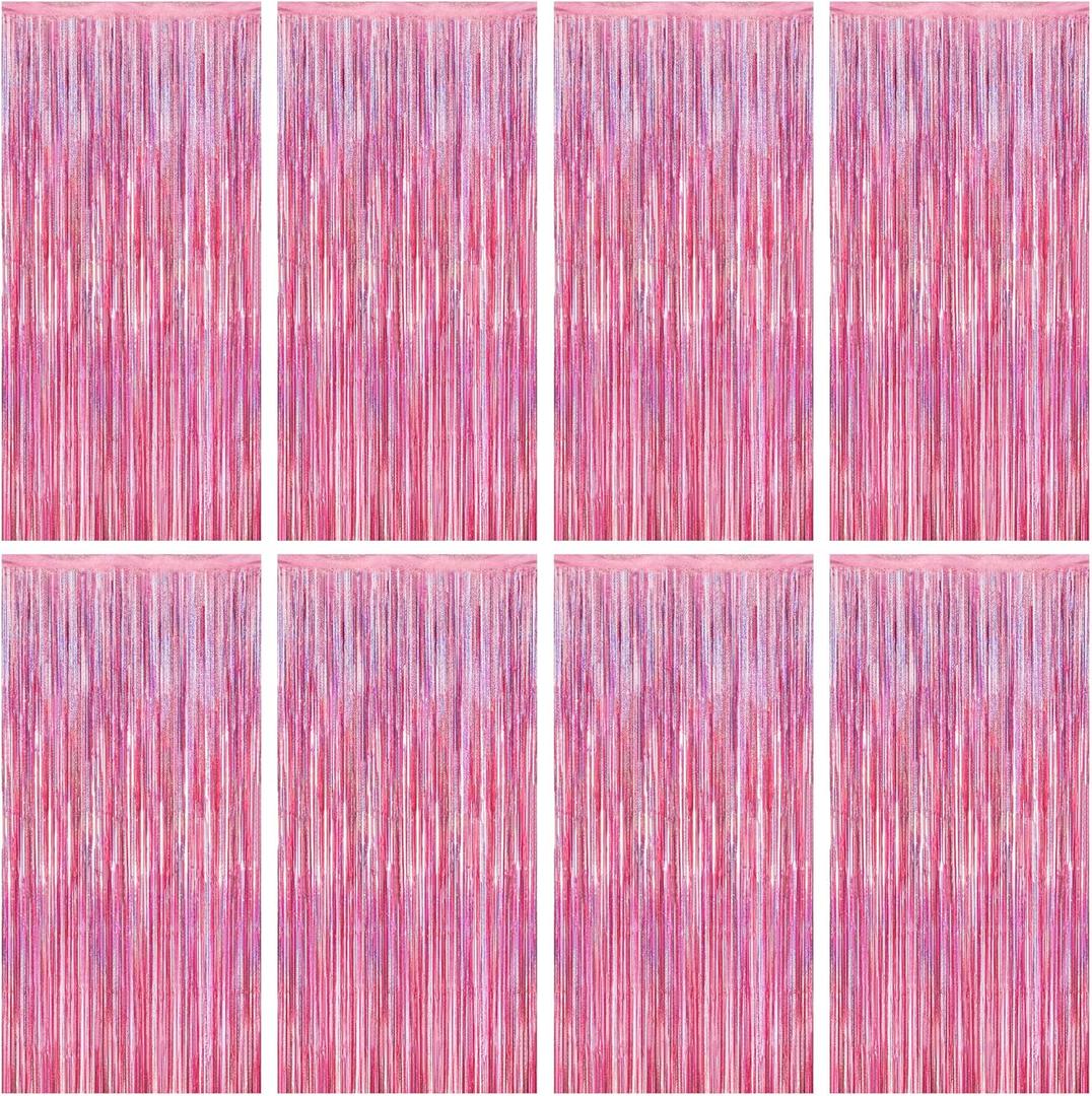 8 Pack Pink Backdrop, 3.28 FT x 7.05 FT Fringe Curtains, Metallic Glitter Pink Fringe Party Streamer Foil Curtains Tinsel Backdrop, Pink Decorations Bachelorette Valentines Day Party Supplies