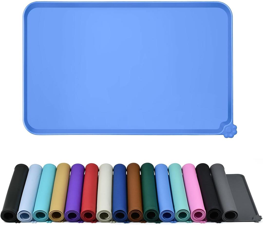 Waterproof Pet Feeding Mat with High Raised Edges, Heavier and Thicker Placemats for Cat Dog Water Bowl with BPA Free, Dogs Cats Food Mats for Messy Drinkers to Prevent Spill and Protect Floors (18.5" x 11.5", Blue)